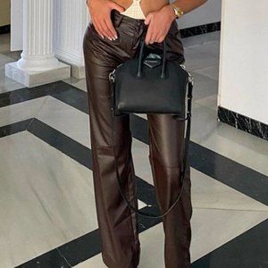 CHOCOLATE FAUX LEATHER PLEAT DETAIL WIDE LEG PANTS